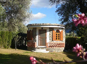 meditation hut in orchard
